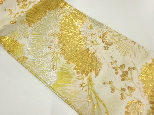 JAPANESE KIMONO / ANTIQUE MARU OBI / WOVEN PINE & UME